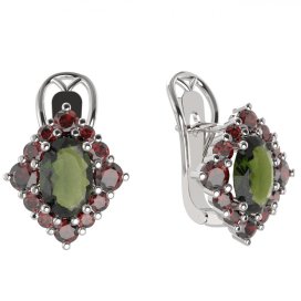 BG náušnice vsazený granát hvězdicový brus  466-R7 Stříbro 925 - rhodium Vltavín a granát