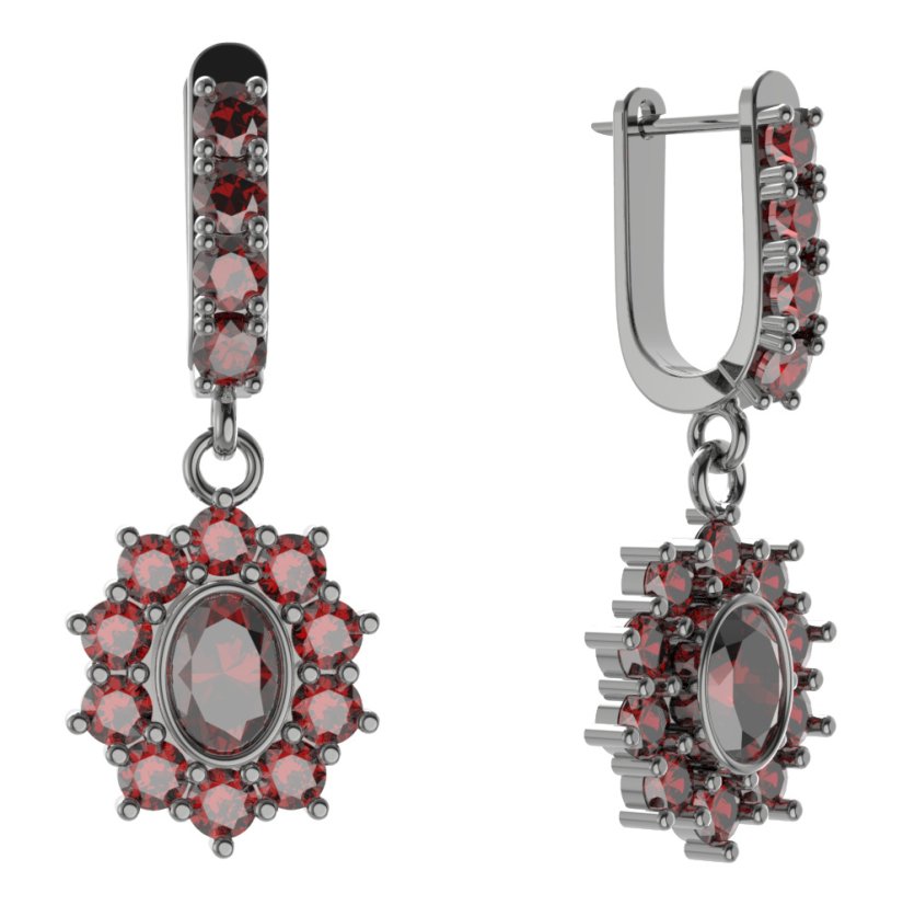 Stříbrné náušnice s českým granátem, ruthenium, visací – 018-96