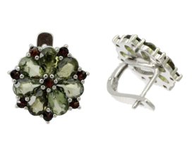 BG náušnice s přírodním granátem z Čech  424 Stříbro 925 - rhodium Vltavín a granát