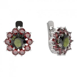 BG náušnice kulatého tvaru 011-07 Stříbro 925 - rhodium Vltavín a granát