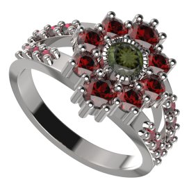 BG prsten kulatý 017-Y Bílé zlato - 585 Vltavín a granát