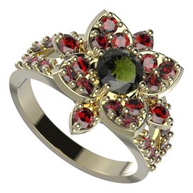 BG prsten oválný 735-Y Žluté zlato - 585 Vltavín a granát
