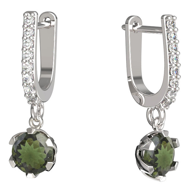 BG vltavínové náušnice 872 Bílé zlato - 585 Vltavín a diamant