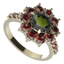 BG prsten 011-Z kulatého tvaru Žluté zlato - 585 Vltavín a granát