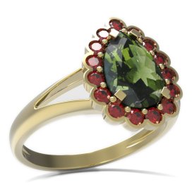 BG prsten kapkovitý kámen 519-V Žluté zlato - 585 Vltavín a granát