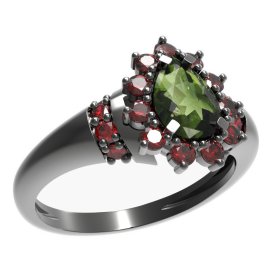 BG prsten kapkovitý kámen 509-K Stříbro 925 - ruthenium (30-90dní) Vltavín a granát