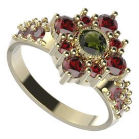 BG prsten 105-X čtvercového tvaru Žluté zlato - 585 Vltavín a granát