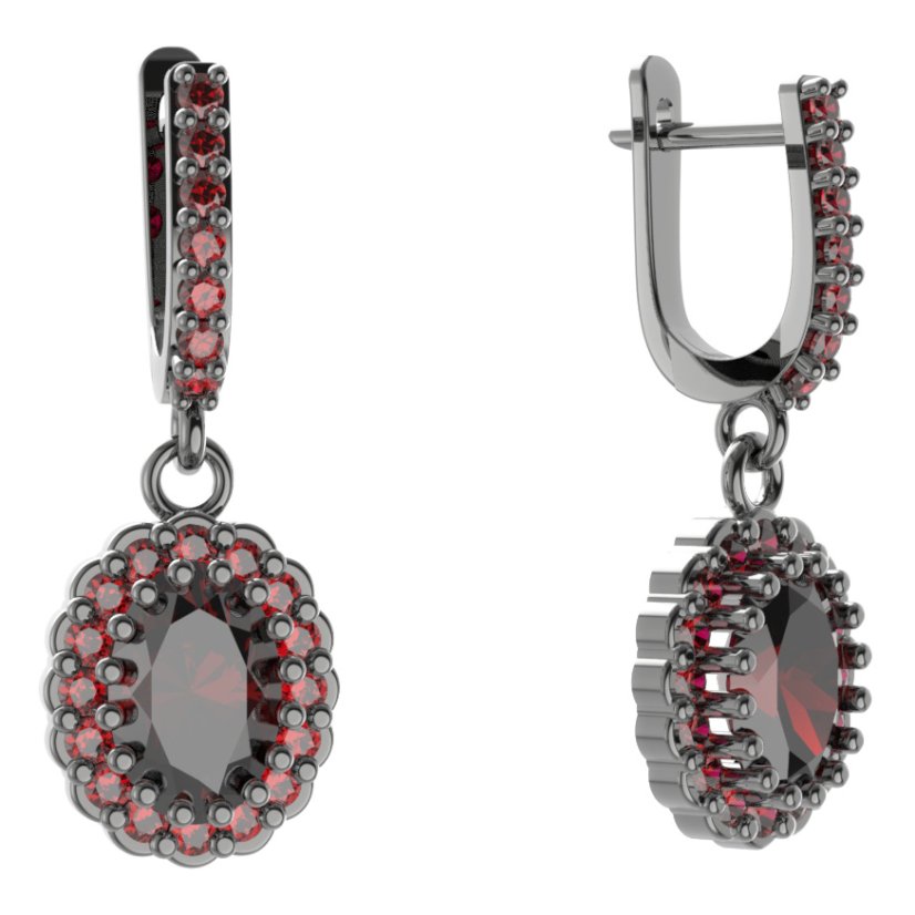 Stříbrné náušnice s českým granátem, ruthenium, visací – 435-84
