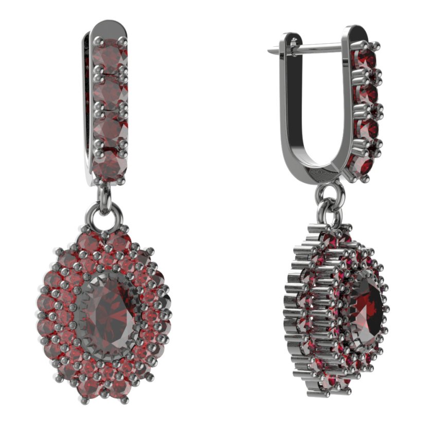 Stříbrné náušnice s českým granátem, ruthenium, visací – 243-96