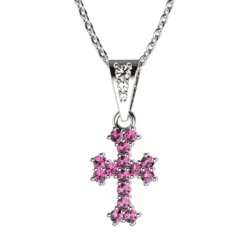 Zlatý přívěsek křížek s růžovým zirkonem, bílé zlato 585 – 267 (ZN442672)