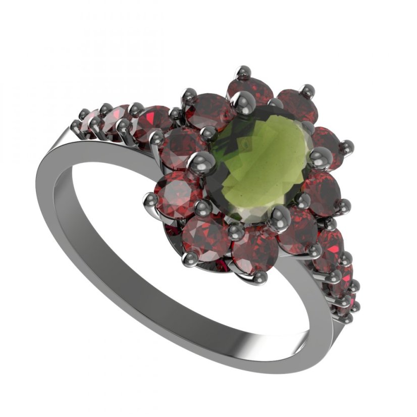 BG prsten oválný 756-Z Stříbro 925 - ruthenium (30-90dní) Vltavín a granát