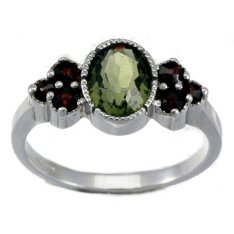 BG prsten přírodní broušený granát   688 Bílé zlato - 585 Vltavín a granát