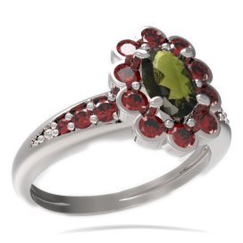BG prsten oválný kámen 517-J Stříbro 925 - rhodium Vltavín a granát