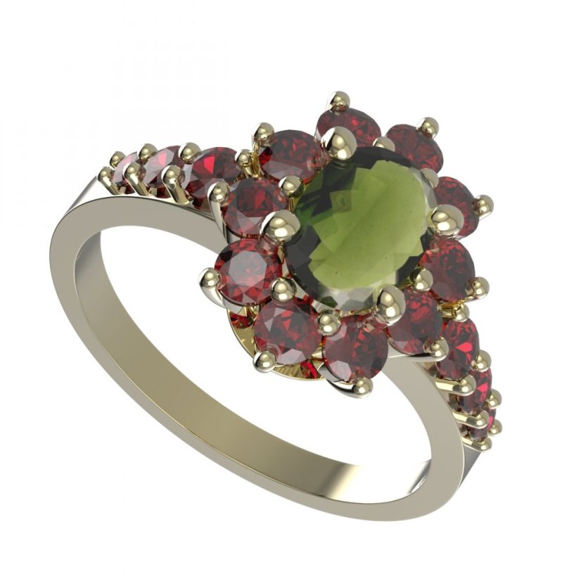 BG prsten oválný 756-Z Žluté zlato - 585 Vltavín a granát