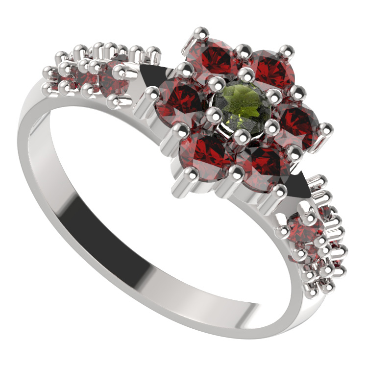 BG prstýnek 002 Stříbro 925 - rhodium Vltavín a granát
