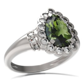 BG prsten kapkovitý kámen 519-K Stříbro 925 - rhodium Vltavín a  kubický zirkon