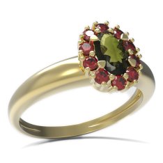BG prsten s oválným kamenem 498-I Žluté zlato - 585 Vltavín a granát