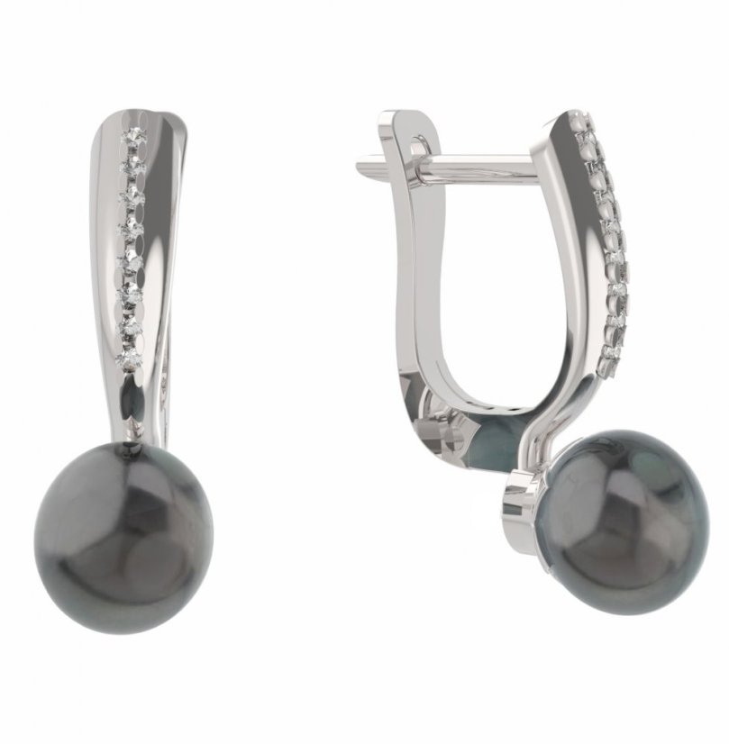BG zlaté náušnice 561 s černou perlou Bílé zlato - 585 Diamant a tahiti perla