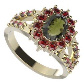 BG prsten oválný 298-Y Žluté zlato - 585 Vltavín a granát