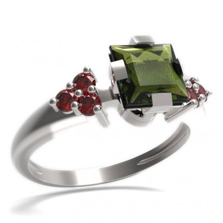 BG prsten s čtvercovým kamenem 496-U - Kov: Stříbro 925 - rhodium, Kámen: Vltavín a granát