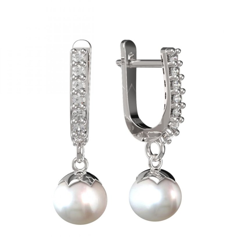 BG zlaté náušnice 561 s bílou perlou Bílé zlato - 585 Diamant a perla
