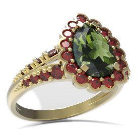 BG prsten s kapkovitým kamenem 519-G Žluté zlato - 585 Vltavín a granát