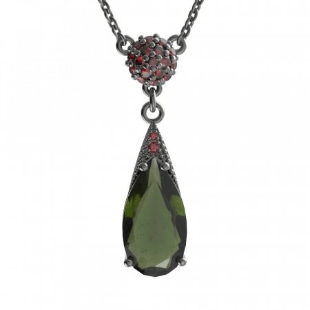 BG garnet necklace 694 - Metal: Silver 925 - rhodium, Stone: Moldavit and garnet