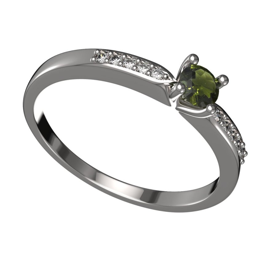 BG zlatý granátový, vltavínový  prstýnek 1437 Bílé zlato - 585 Vltavín a diamant