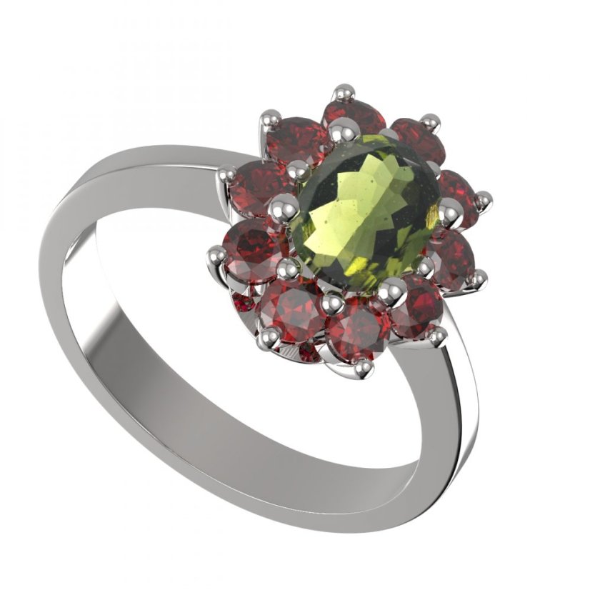 BG prsten oválný 756-I Bílé zlato - 585 Vltavín a granát