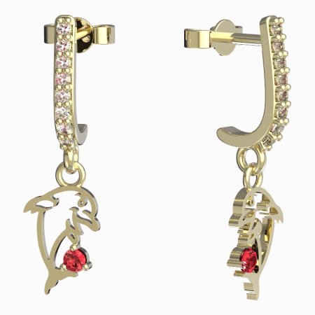 BeKid, Gold kids earrings -1183 - Switching on: Pendant hanger, Metal: Yellow gold 585, Stone: Red cubic zircon