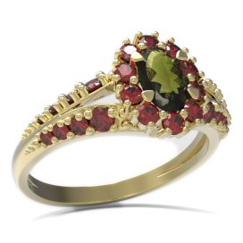 BG prsten s oválným kamenem 498-G Žluté zlato - 585 Vltavín a granát