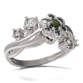 BG prsten s kulatým kamenem 518-P Stříbro 925 - rhodium Vltavín a  kubický zirkon