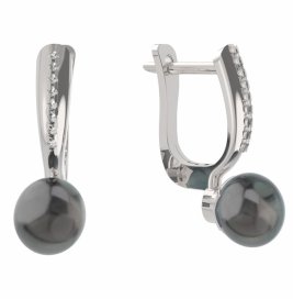 BG zlaté náušnice 561 s černou perlou Bílé zlato - 585 Kubický zirkon a tahiti perla