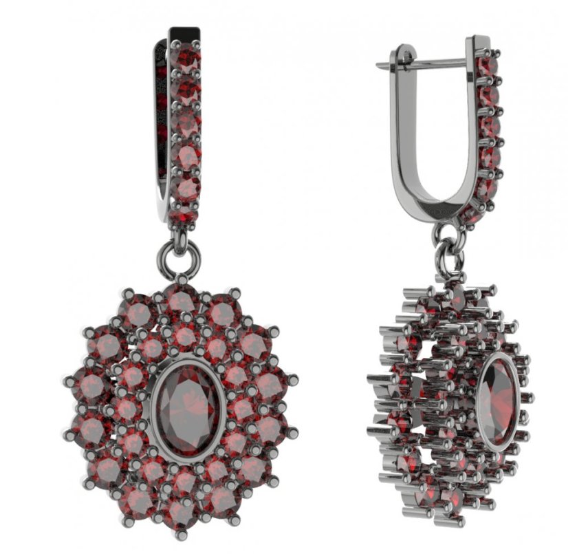 Stříbrné náušnice s českým granátem, ruthenium, visací – 021-94
