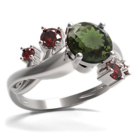 BG prsten s kulatým kamenem 474-P Stříbro 925 - rhodium Vltavín a granát