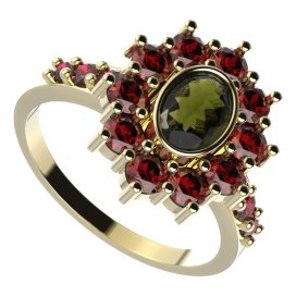 BG prsten 018-Z oválného tvaru Žluté zlato - 585 Vltavín a granát