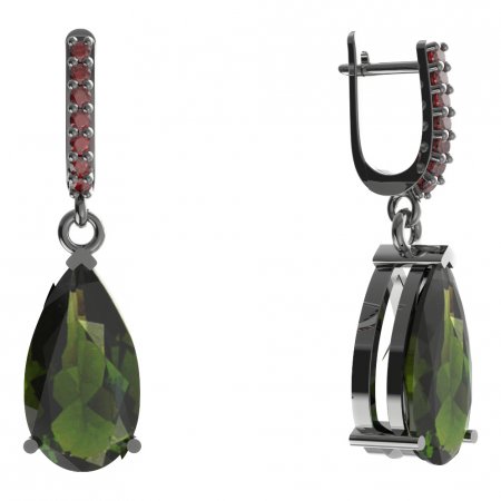 BG drop stone earring 429-84 - Metal: Silver 925 - rhodium, Stone: Moldavit and garnet