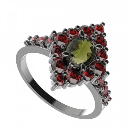 BG prsten oválný 422-Z - Kov: Stříbro 925 - rhodium, Kámen: Vltavín a granát