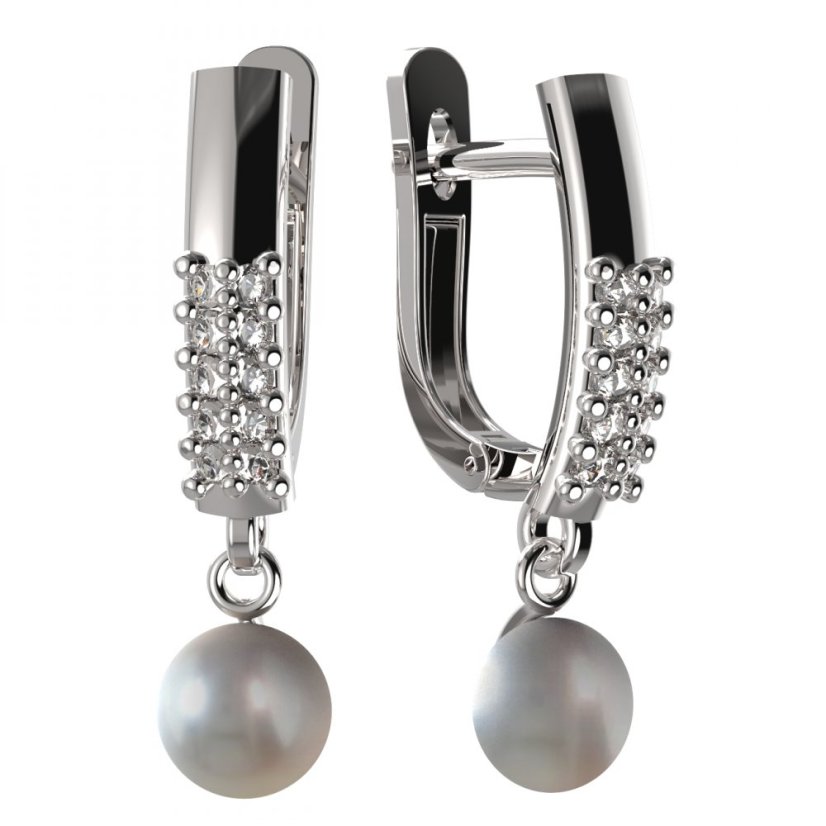 BG zlaté náušnice 1291 s bílou perlou Bílé zlato - 585 Diamant a perla