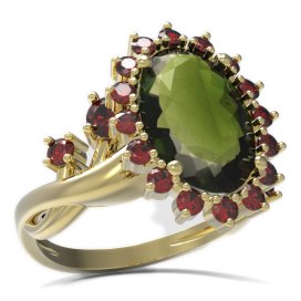 BG prsten s oválným kamenem 507-P Žluté zlato - 585 Vltavín a granát