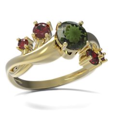BG prsten s kulatým kamenem 473-P Žluté zlato - 585 Vltavín a granát