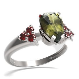 BG prsten s kapkovitým kamenem 494-U Bílé zlato - 585 Vltavín a granát
