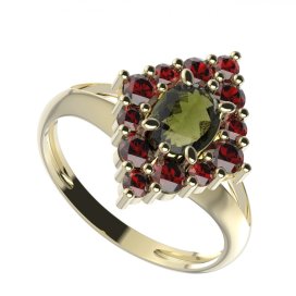 BG prsten oválný 422-V Žluté zlato - 585 Vltavín a granát