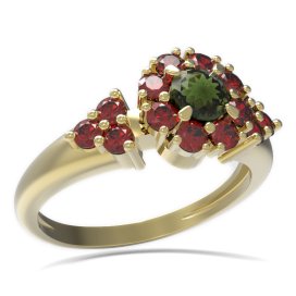 BG prsten s kulatým kamenem 497-U Žluté zlato - 585 Vltavín a granát