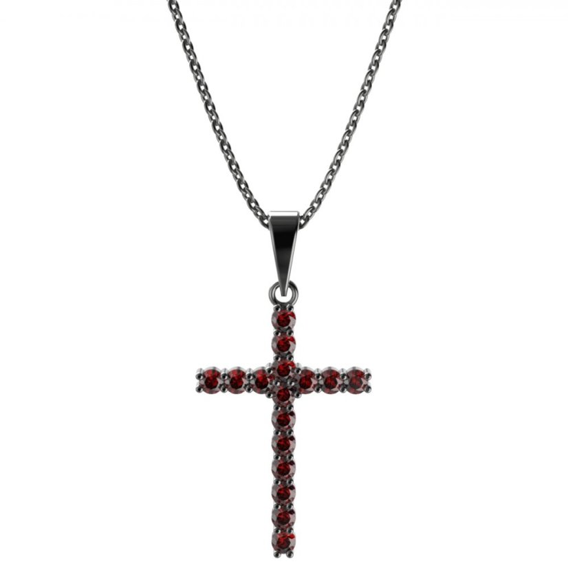Stříbrný přívěsek křížek s českým granátem, ruthenium – 259