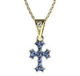 Zlatý přívěsek křížek se světle modrým zirkonem, žluté zlato 585 – 267 (ZM342671)