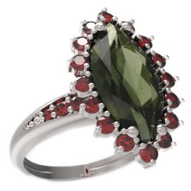 BG prsten oválný kámen 513-J Bílé zlato - 585 Vltavín a granát