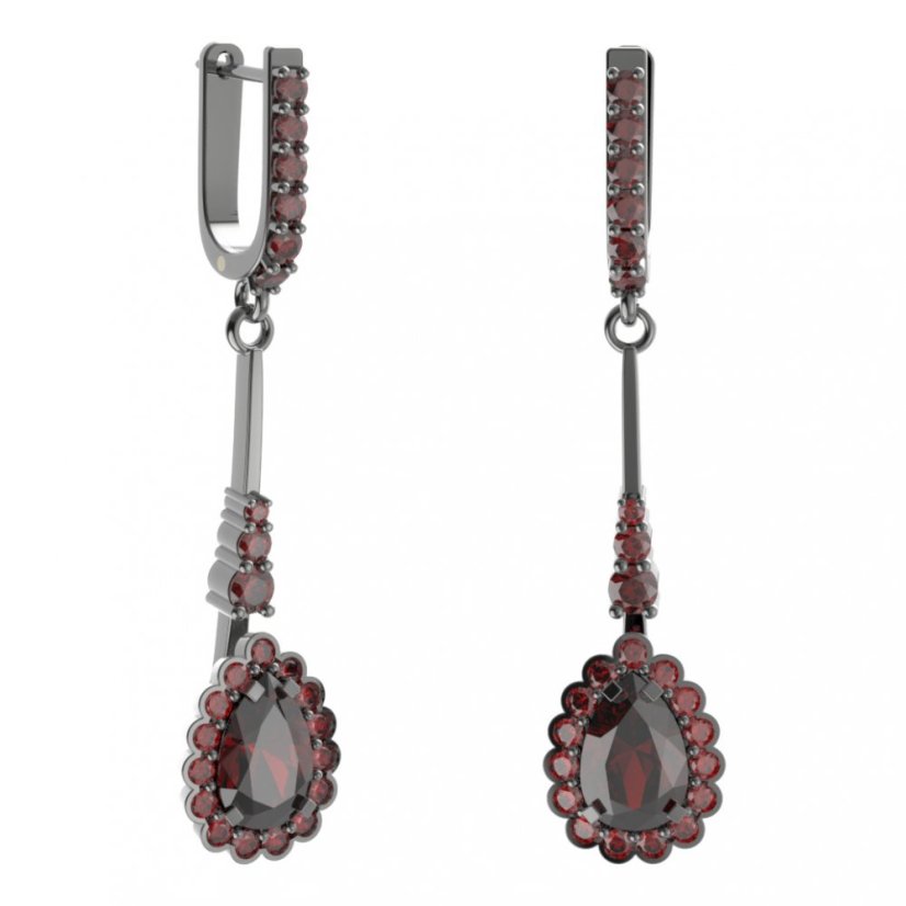 Stříbrné náušnice kapka s českým granátem, ruthenium, anglické zapínání – 519-B94