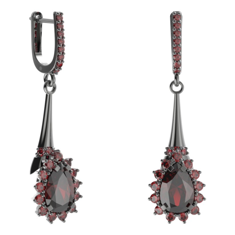 Stříbrné náušnice kapka s českým granátem, ruthenium, anglické zapínání – 505-C91