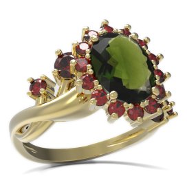 BG prsten s oválným kamenem 516-P Žluté zlato - 585 Vltavín a granát